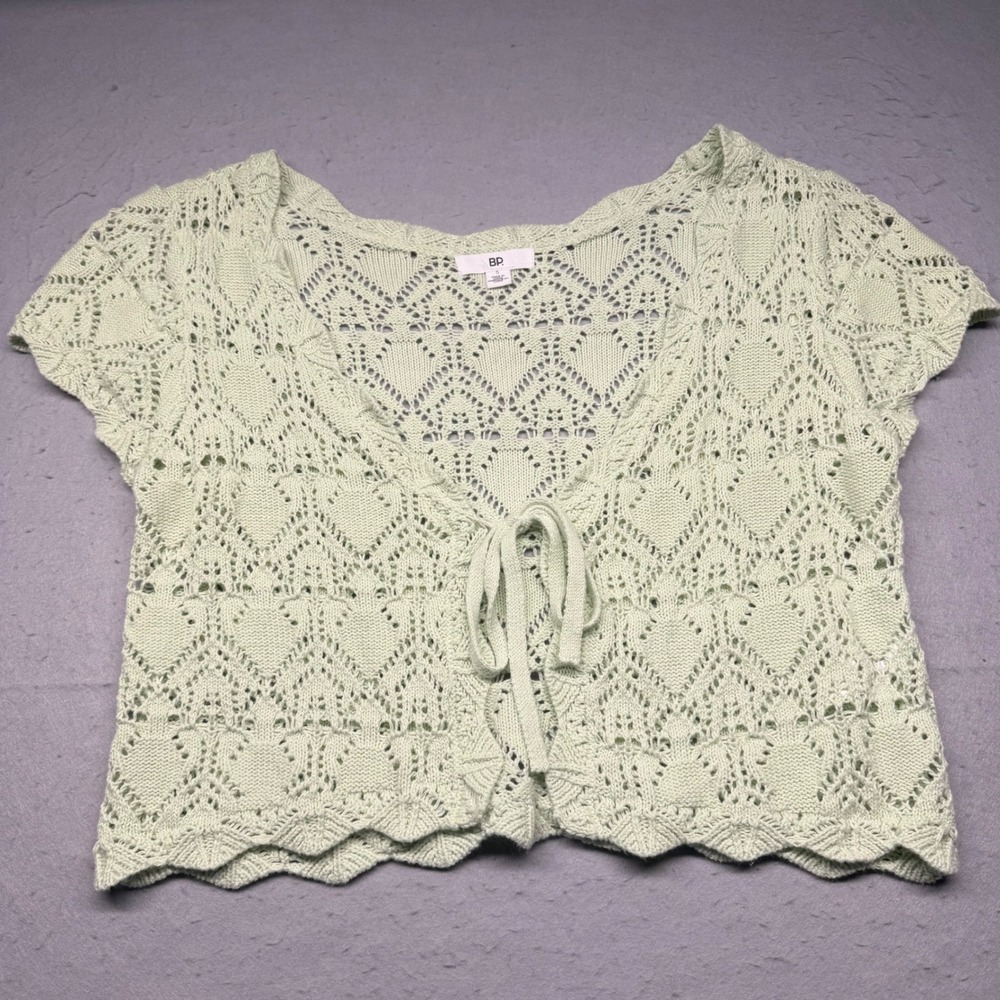 BP Cardigan Womens S Green Pointelle Tie Front Scalloped Crop Top Short Sleeve